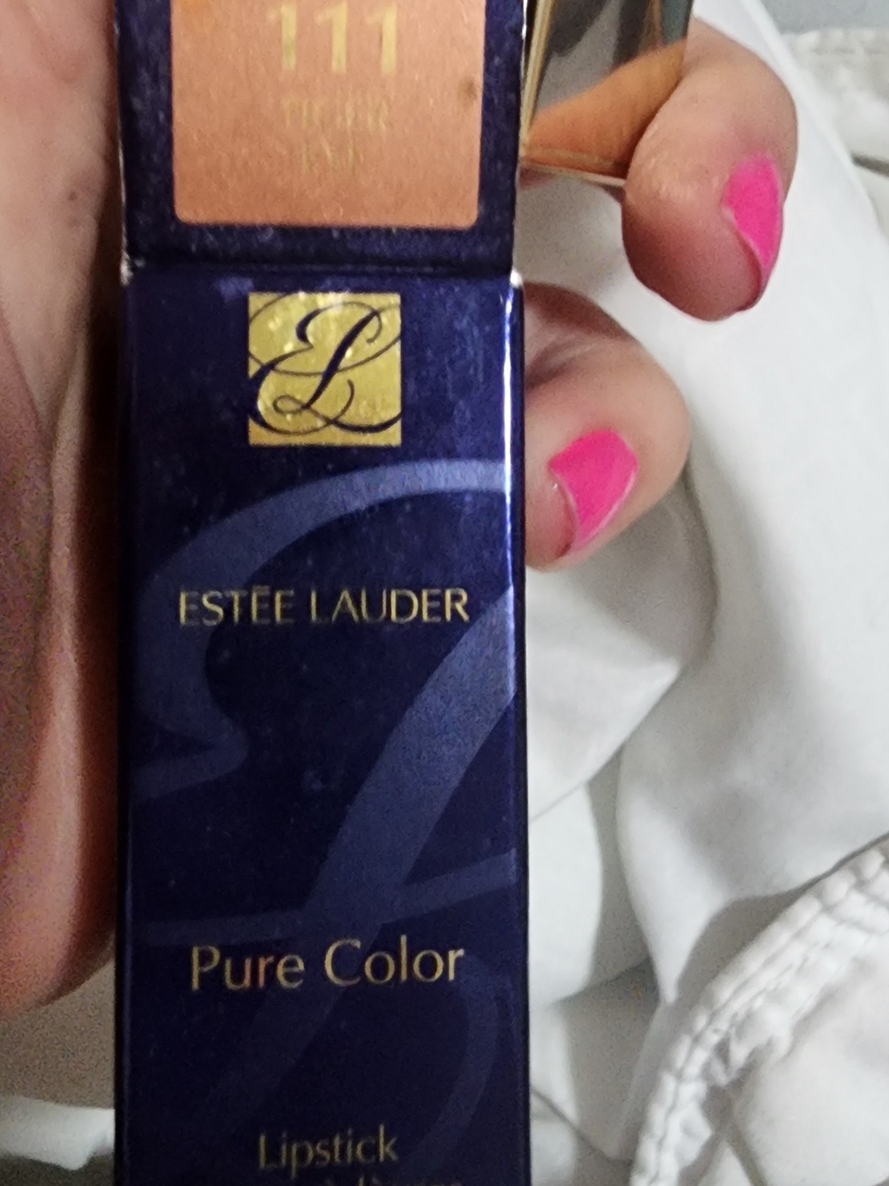 Estee Lauder Pure Color Lipstick in Navy & Gold Packaging with Peach Label